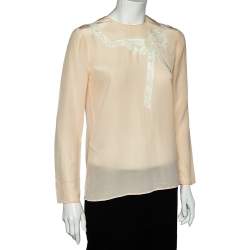 Pre Owned Miu Miu Cream Silk Bow Lace Detail Long Sleeve Blouse S