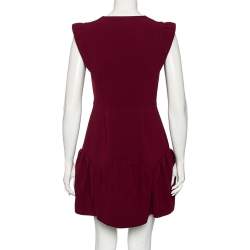 Pre Owned Miu Miu Burgundy Crepe Fluted Hem V-Neck Dress M
