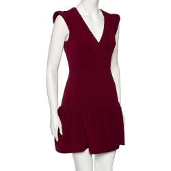 Pre Owned Miu Miu Burgundy Crepe Fluted Hem V-Neck Dress M
