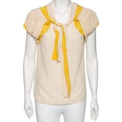 Miu Miu Cream & Yellow Paneled Silk Neck Tie Detailed Top M