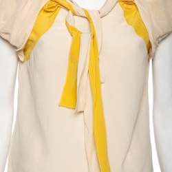 Miu Miu Cream & Yellow Paneled Silk Neck Tie Detailed Top M