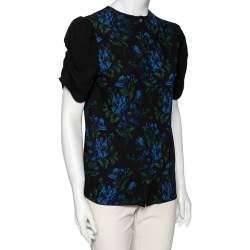 Miu Miu Black Floral Print Crepe Ruched Sleeve Detailed Blouse M