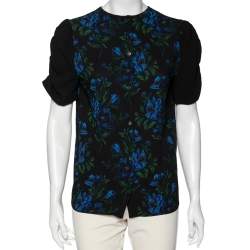 Miu Miu Black Floral Print Crepe Ruched Sleeve Detailed Blouse M