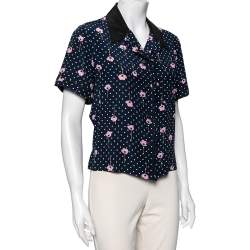 Pre Owned Miu Miu Navy Blue Polka Dot Printed Silk Ruffled Shirt M