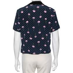 Pre Owned Miu Miu Navy Blue Polka Dot Printed Silk Ruffled Shirt M