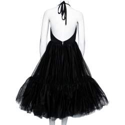 مملوكة مسبقًا Miu Miu Black Tulle Plunge Neck Halter Neck Flared Dress M