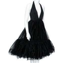 مملوكة مسبقًا Miu Miu Black Tulle Plunge Neck Halter Neck Flared Dress M