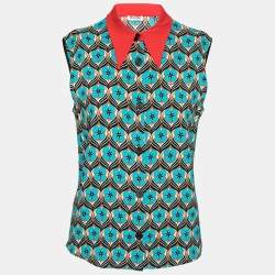 Miu Miu Blue Floral Printed Crepe Sleeveless Button Front Collar Top S