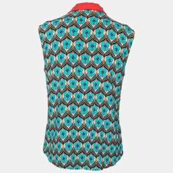Miu Miu Blue Floral Printed Crepe Sleeveless Button Front Collar Top S