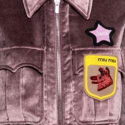Miu Miu Lilac Velvet Bead Embellished Patch Detail Biker Jacket S