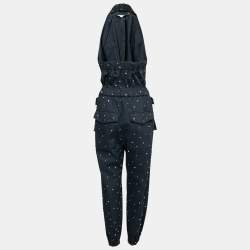 Miu Miu Navy Blue Embellished Cotton Bead Embroidered Halter Neck Jumpsuit S