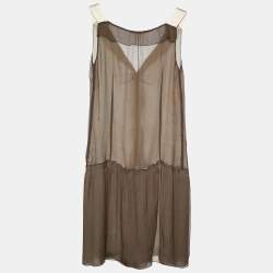 Miu Miu Brown Silk Plisse Ruffled Sleeveless Dress M