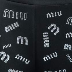 Miu Miu Black Stretch Knit Crystal Embellished Logo Leggings S