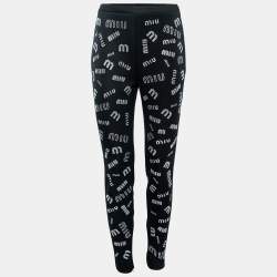 Miu Miu Black Stretch Knit Crystal Embellished Logo Leggings S