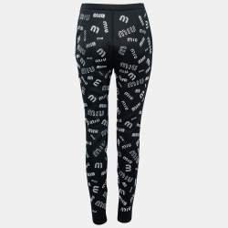 Miu Miu Black Stretch Knit Crystal Embellished Logo Leggings S
