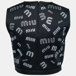 Pre Owned Miu Miu Black Stretch Knit Crystal Embellished Logo Crop Top L