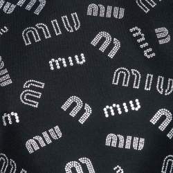 Pre Owned Miu Miu Black Stretch Knit Crystal Embellished Logo Crop Top L