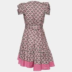 Miu Miu Pink Geometric Print Cotton Pleated & Belted Dress S