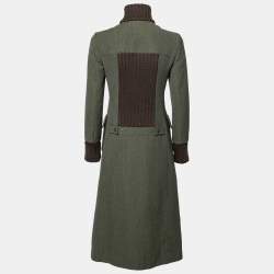 Miu Miu Olive Green Wool Ribbed Knit Detail Long Coat S