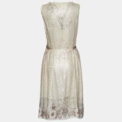 Miu Miu Cream Sequined & Printed Cotton Sleeveless Dress M