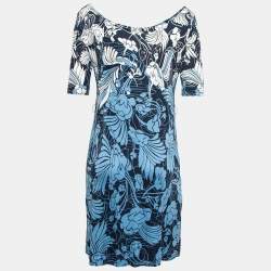 Miu Miu Blue Printed Silk Jersey Boat Neck Dress L