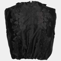 Miu Miu Black Silk Jacquard Lace Insert Ruffled Cropped Top M