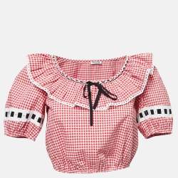 Miu Miu Red Gingham Printed Cotton Cropped Top S
