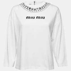 Miu Miu White Jersey Embellished Collar Logo Print Long-Sleeve T-Shirt M