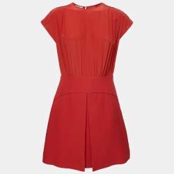 Miu Miu Red Gathered Waist Inverted Pleat Detail Dress M