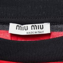 Miu Miu Black/Red Striped Cotton Knit and Lace Cropped T-Shirt XS