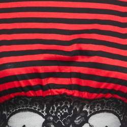 Miu Miu Black/Red Striped Cotton Knit and Lace Cropped T-Shirt XS