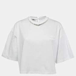 Miu Miu White Cotton Rhinestone Embellished T-Shirt M
