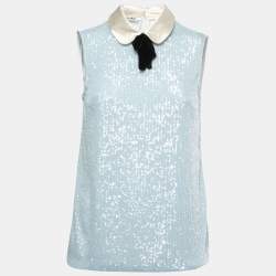 Pre Owned Miu Miu Blue Sequined Bow Embellished Sleeveless Top XS