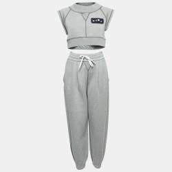 Miu Miu Grey Logo Embroidered Cotton Blend Joggers Crop Top Set S