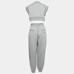 Miu Miu Grey Logo Embroidered Cotton Blend Joggers Crop Top Set S