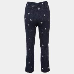 Miu Miu Navy Blue Bird Printed Silk Jacquard Pants M