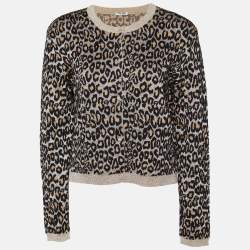Miu Miu Beige Leopard Lurex Knit Button Front Cropped Cardigan M