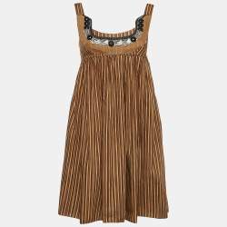 Pre Owned Miu Miu Brown Striped Cotton Embellished Low Neck Mini Dress S