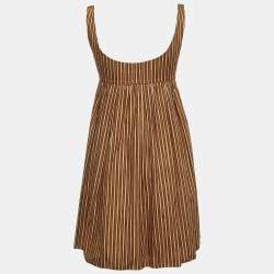 Pre Owned Miu Miu Brown Striped Cotton Embellished Low Neck Mini Dress S