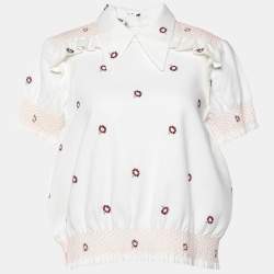 Miu Miu White Floral Print Cotton Smocked Top M