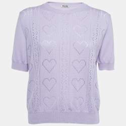 Miu Miu Purple Eyelet Knit Wool Short Sleeve Top L