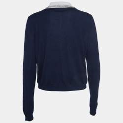 Pre Owned Miu Miu Navy Blue Eyelet Knit Cashmere Embellished Collar Cardigan S