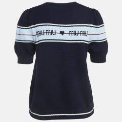 Miu Miu Navy Blue Logo Intarsia Knit Top M
