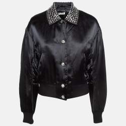 Miu Miu Black Satin Crystal Embellished Bomber Jacket S