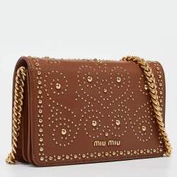 Pre Owned Miu Miu Brown Leather Studded Wallet on Chain