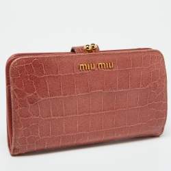 Miu Miu Peach Croc Embossed Leather Twisted Lock Wallet