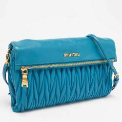 Miu Miu Blue Matelassé Leather Fold Over Zip Shoulder Bag