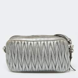 Miu Miu Silver Matelassé Leather Double Zip Crossbody Bag