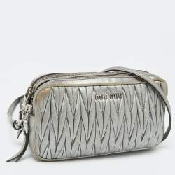 Miu Miu Silver Matelassé Leather Double Zip Crossbody Bag