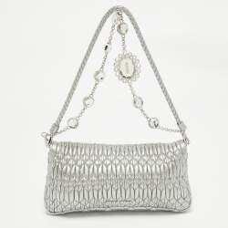 Miu Miu Silver Matelassé Leather Crystals Shoulder Bag